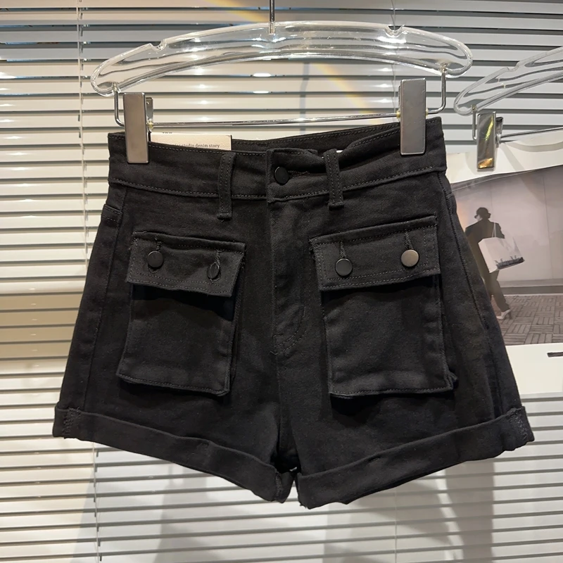 2023 Summer New Large Pocket Flanging Trousers American Style Loose Workwear Denim Shorts