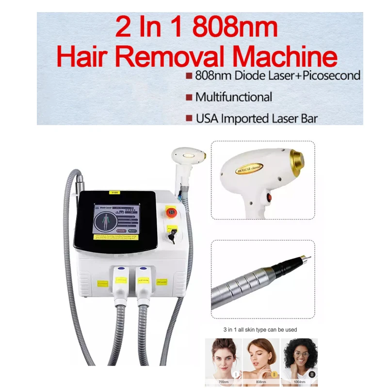 

2in1 Pico Laser Plus Diode Picosecond Laser Tattoo Removal Q Switched Nd Yag Laser 755 808 1064nm Hair Removal