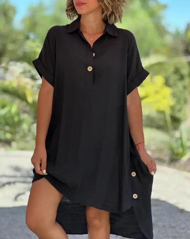 

Elegant Dresses Women Button Detail High Low Hem Vacation Casual Dress New Fashion 2023 Summer Casual Female Clothing Outfits