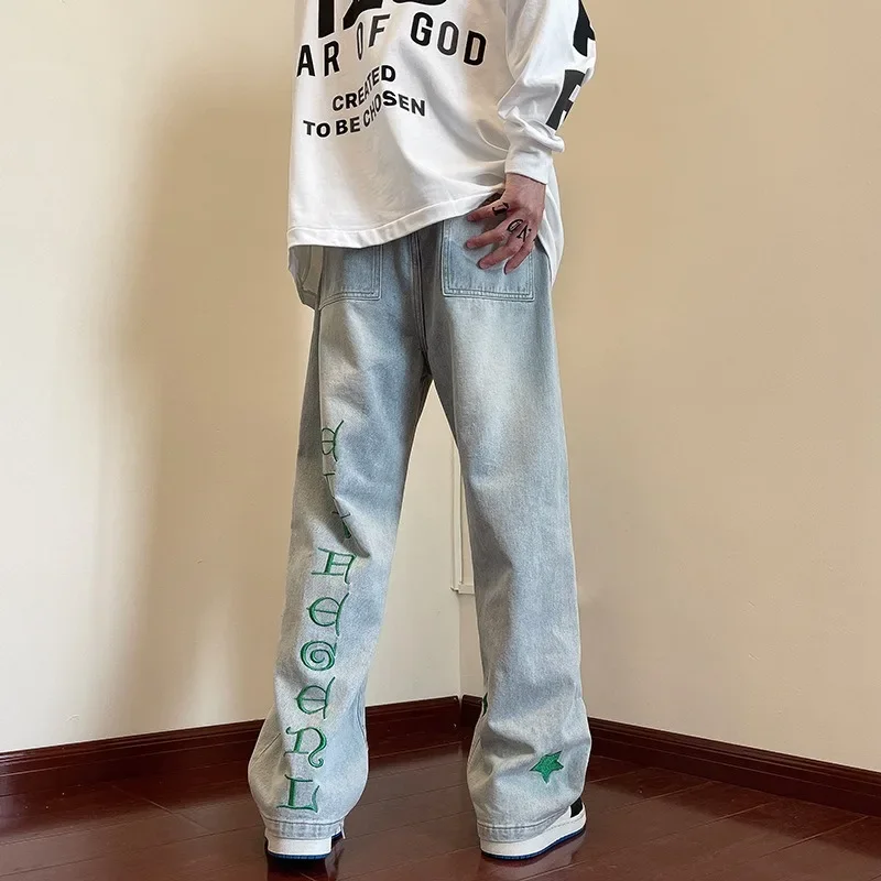 Модные Винтажные Зеленые джинсы с вышивкой в виде звезд прямые повседневные