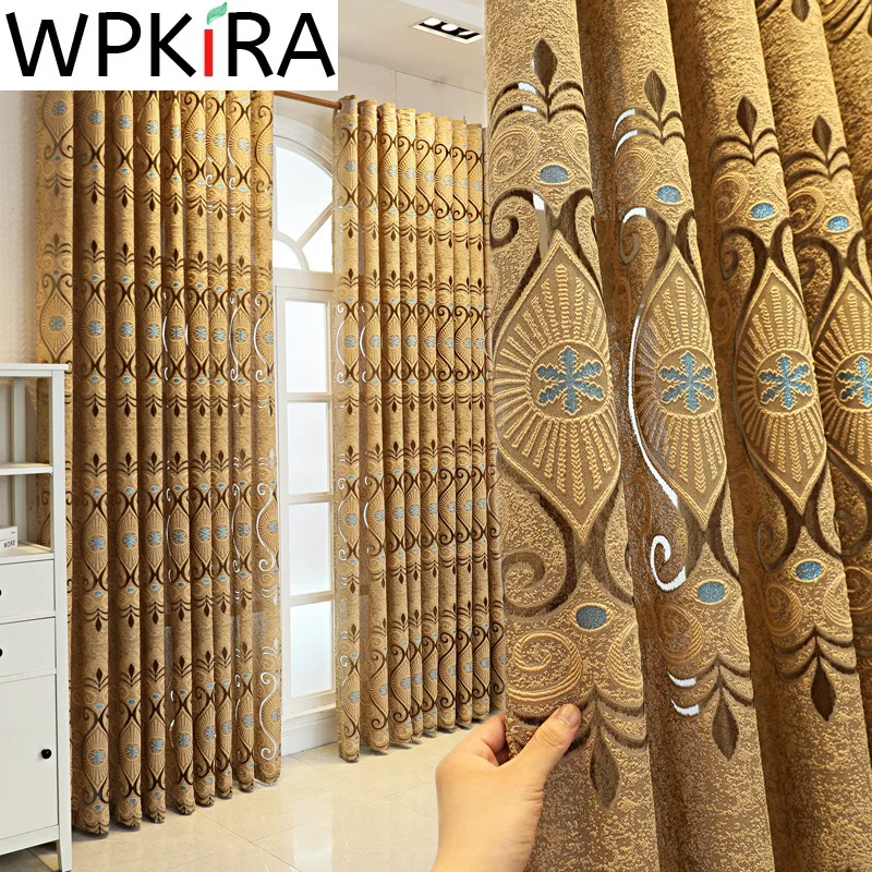 

European Hollow Embroidered Gold Brown Curtain for Living Room Luxury Elegant Translucent Voile Window Drapes Cortina AD768E