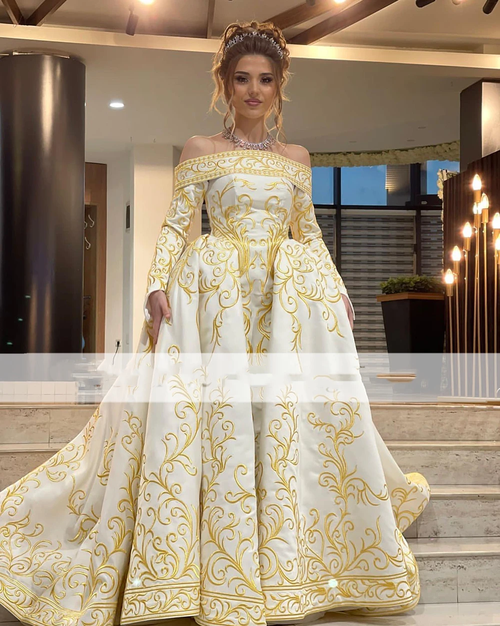 

Albanian Kaftan Wedding Dresses Gold Embroidery Long Sleeves Off The Shoulder Satin A Line Bridal Gowns With Detachable Skirt