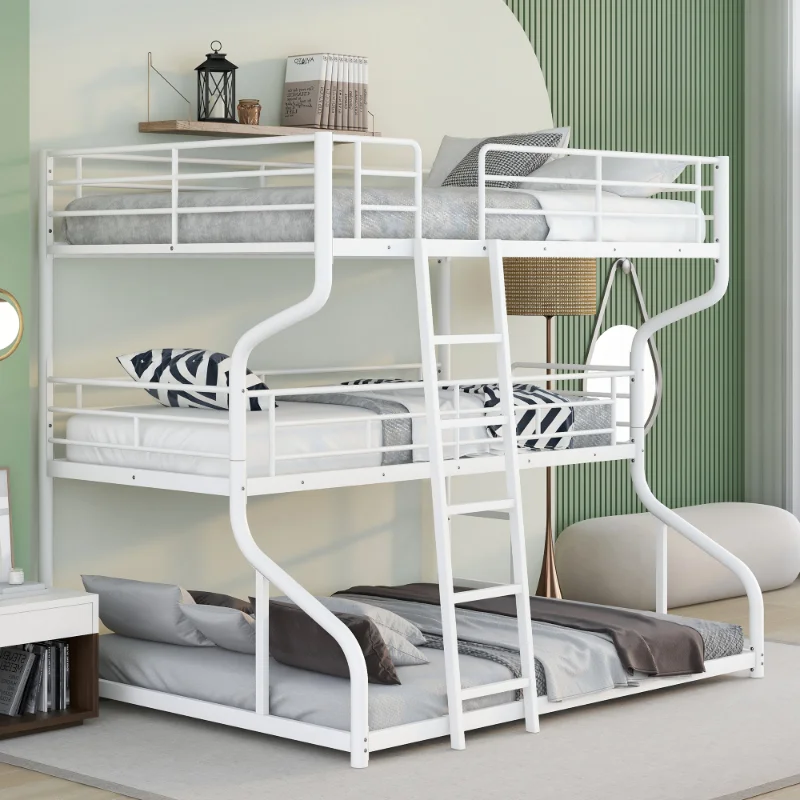 

[Flash Deal]Full XL Over Twin XL Over Queen Size Triple Bunk Bed with Long and Short Ladder Curved Metal Frame[US Stock]