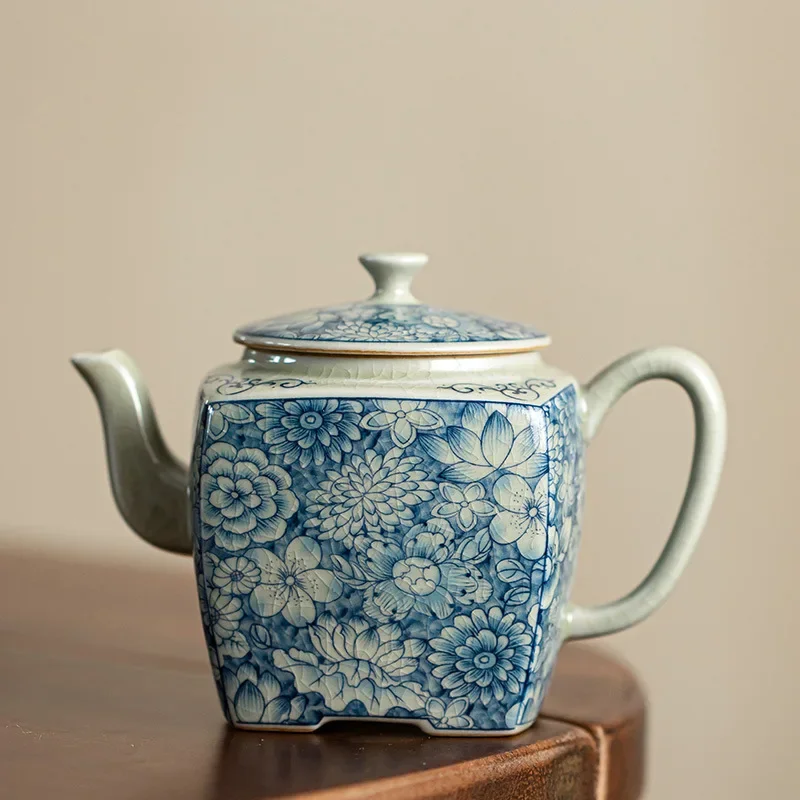 Винтажный старинный глиняный синий и белый чайник квадратный чайная чашка