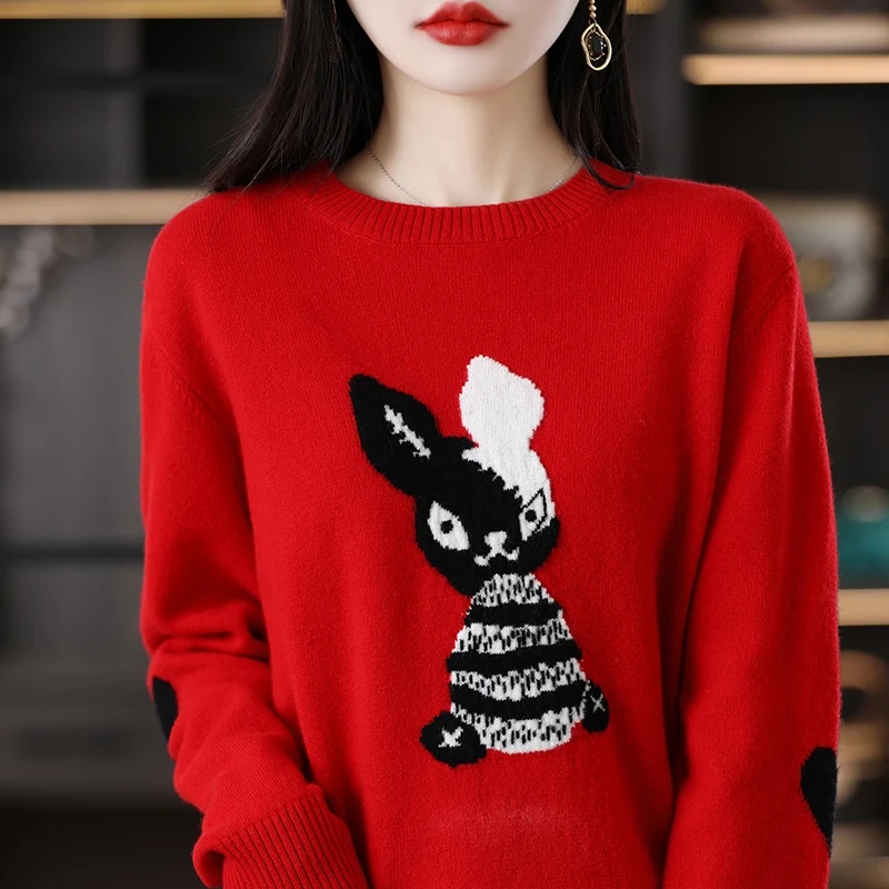 

Spring Hot 2023 New 100% Merino Wool Sweater Women's Crew Neck Pullover Fashion Knitted Embroidered Cashmere Shirt Tops