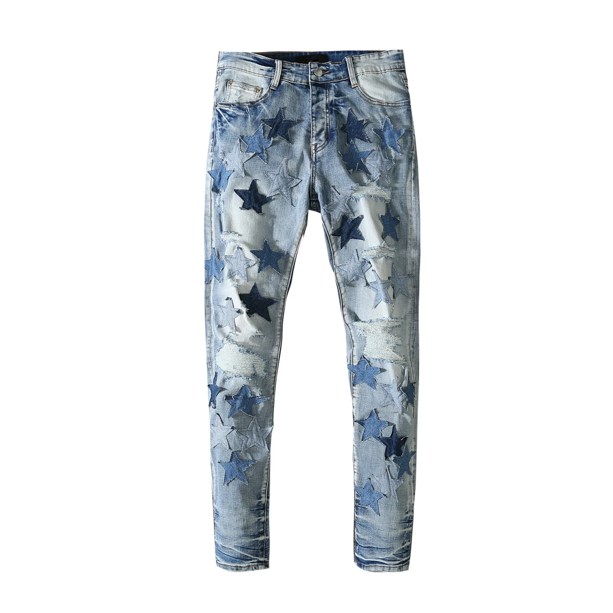 

Мужские брюки в стиле пэчворк, синие брюки с графическим принтом, рваные брюки с эффектом потертости