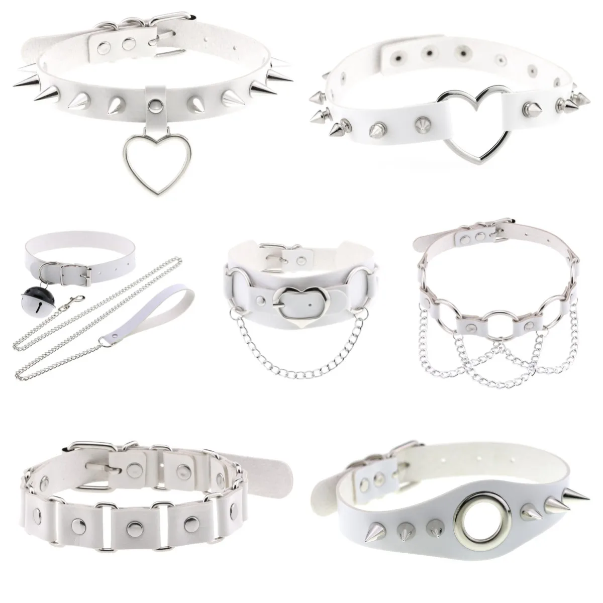 

White Goth Pendant Necklace for Women Punk Spike Rivet Round Heart Bell Belt Necklaces Collar Cosplay Chocker Gothic Accessories