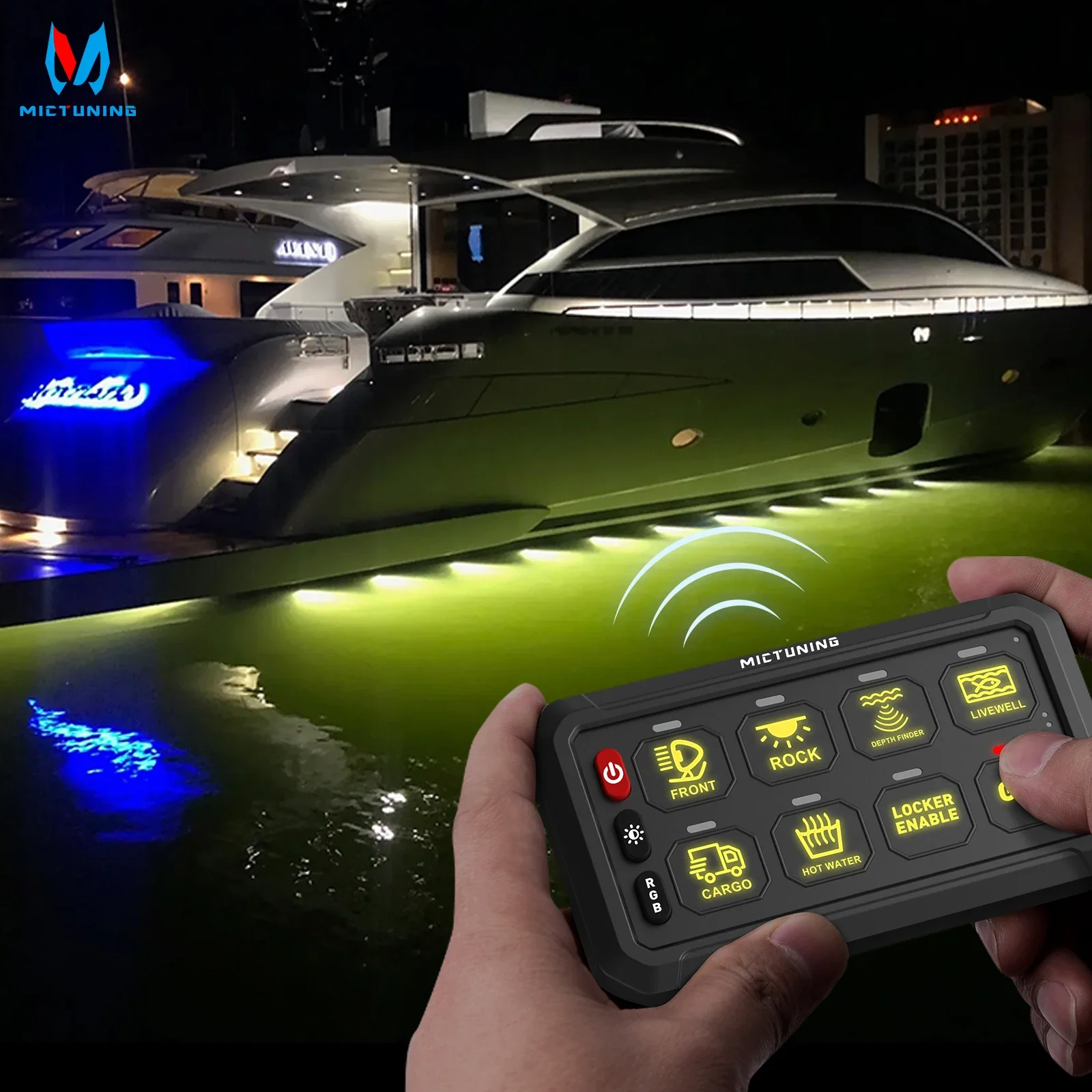 

MICTUNING 8-групповая универсальная панель переключателей, беспроводная система управления, реле, регулируемые цвета RGB, яркость для грузовика, внедорожного квадроцикла