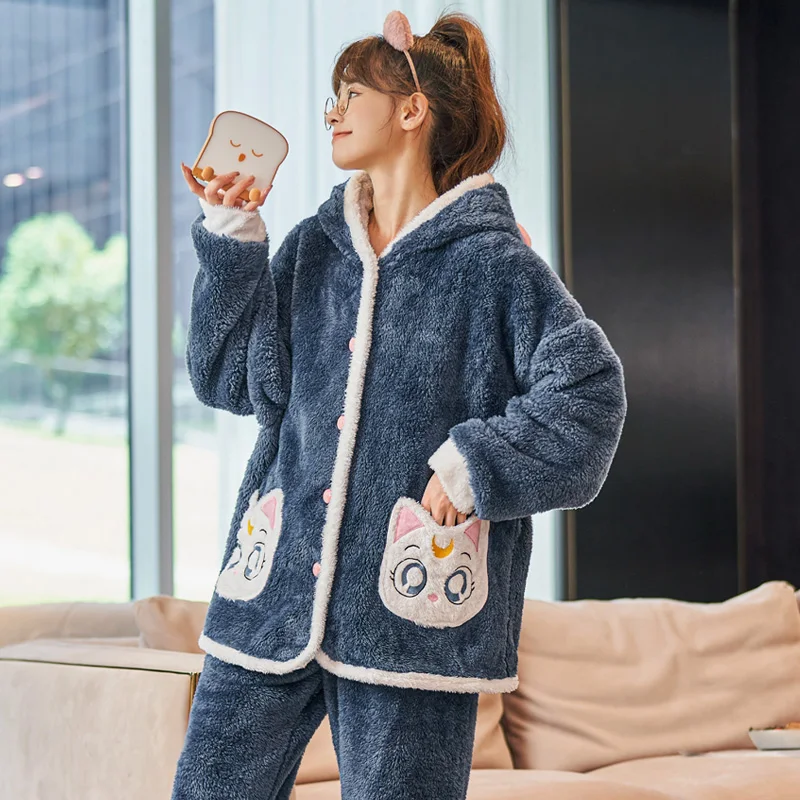 FUNISHI Winter Pajamas Inspissate pijama mujer Plush Women's pajamas Loose Version Hooded Pajama Set Plus Size 3XL Cartoon