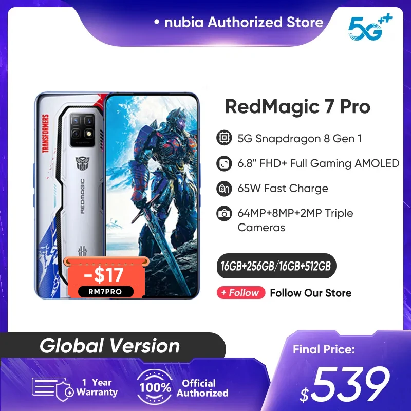 

Nubia Redmagic 7 Pro 12G 256G Transformer Snapdragon 8 Gen 1 Octa Core 6.8 inchs 120Hz AMOLED 64MP Cameras 65W Fast Charge