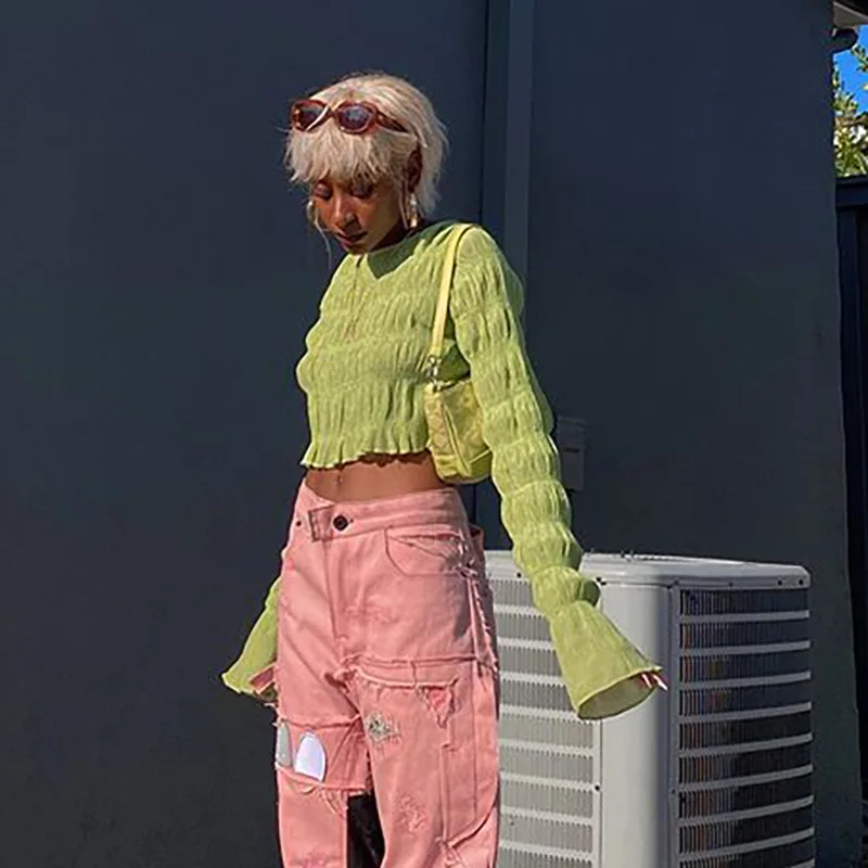 Элегантная Соблазнительная футболка в складку с открытым пупком женская модная