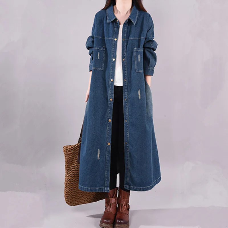 

Denim Jacket Women 2023 Autumn Loose Solid Lapel Single Breasted Long Sleeve Trench Coat for Women Long Jean Women Coat