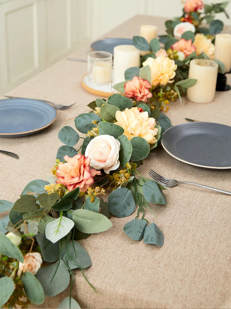 

2m Artificial Silk Eucalyptus Garland with Flowers Fake Sunset Venus Dahlia Vines for Wedding Party Home Table Arch Decor