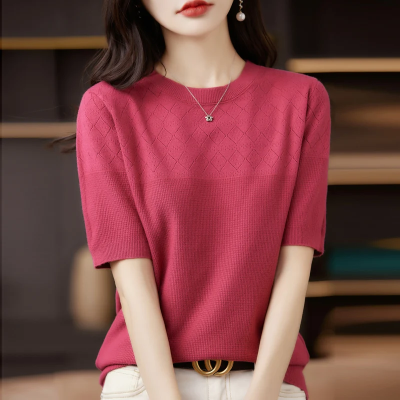 

Early Spring New Style Woolen Sweater Women's Round Neck Solid Color Hollow Loose Pullover 5/4 Sleeve Wool Knit Underlay Stylish