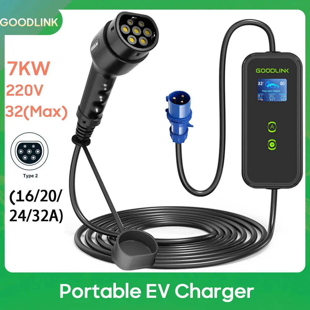 

Goodlink EV Portable Charger 7KW 32A 220V Type2 CEE Plug With Adjustable Current 5m Cable For Electric Car