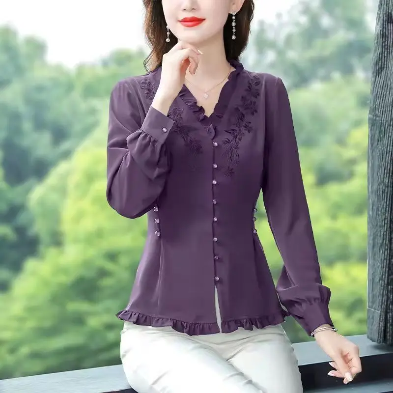 Повседневная приталенная рубашка с V-образным вырезом винтажная однотонная