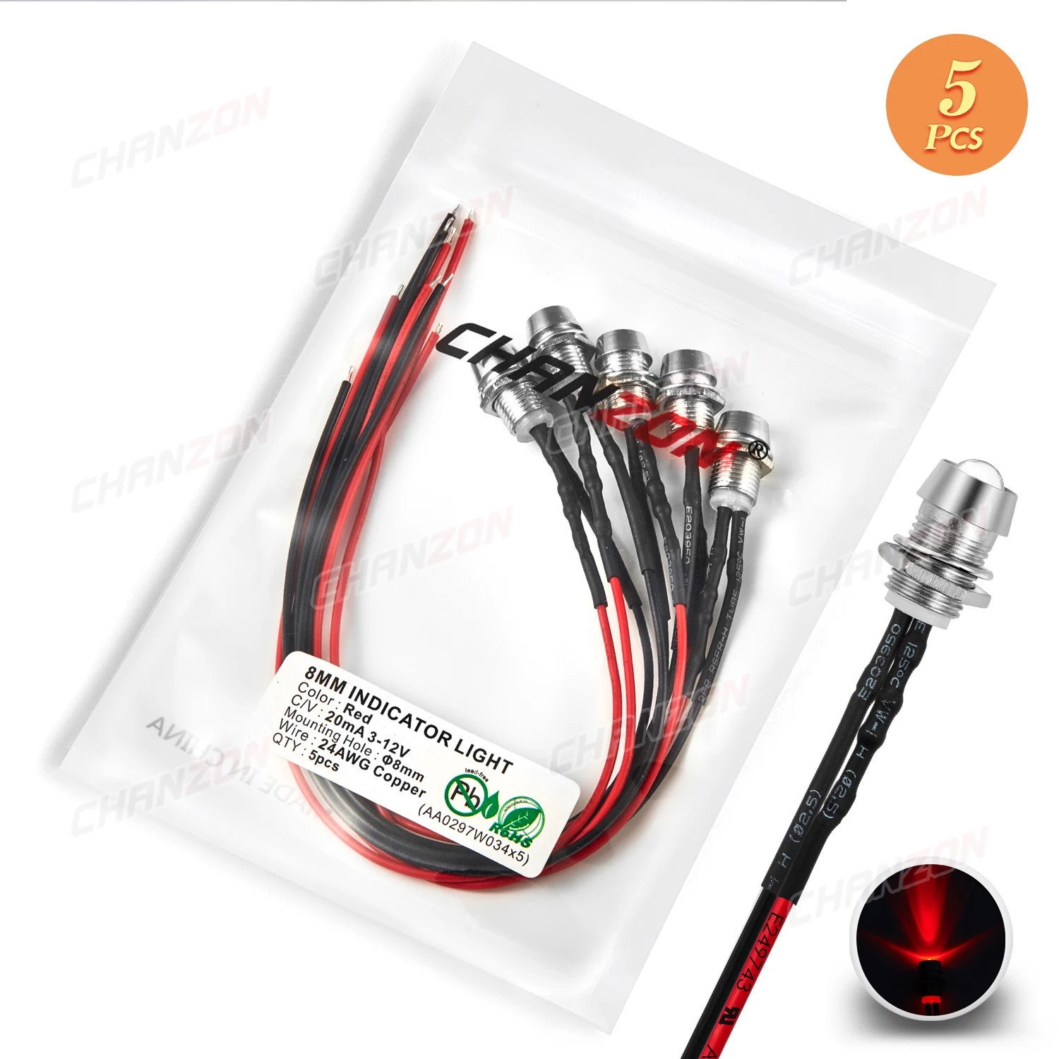 

5 шт. светодиодный индикатор CHANZON 8 мм 12 В теплый белый/белый/красный/зеленый/синий/желтый/оранжевый
