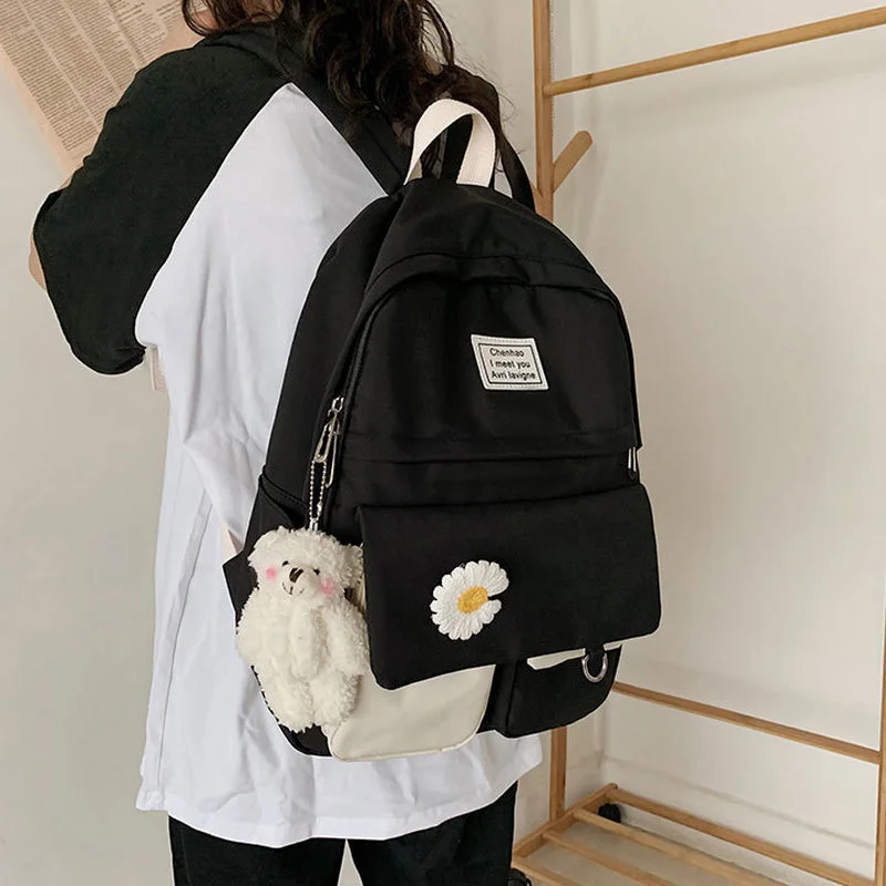 

Girls School Bags for Teenagers Student Backpack Women Nylon Soft Patchwork Bookbag Teen Panelled Flowers Casual Schoolbag Black