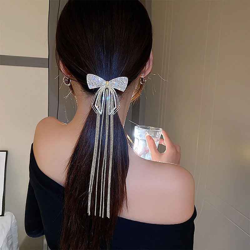 

New Rhinestone Tassel Hairpin Fashion Bow Tassel Hair Clips For Women Delicate Sparkly Wedding Banquet Headdress Hair Accessory