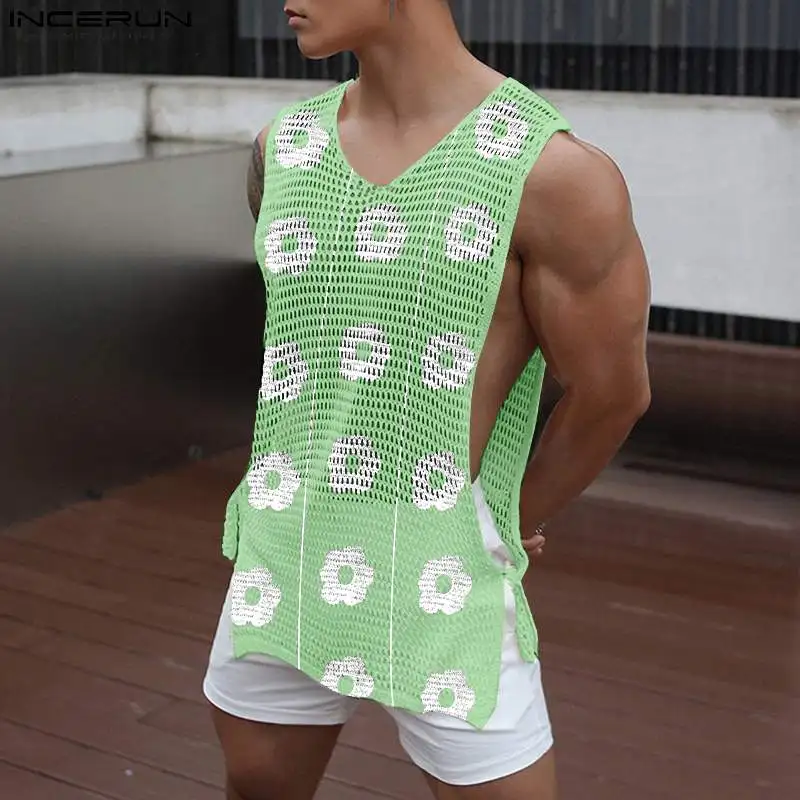 

Korean Style New Men's Fashion Mesh Flower Print Waistcoat Casual Streetwear Male Loose Sleeveless Vests S-5XL INCERUN Tops 2023