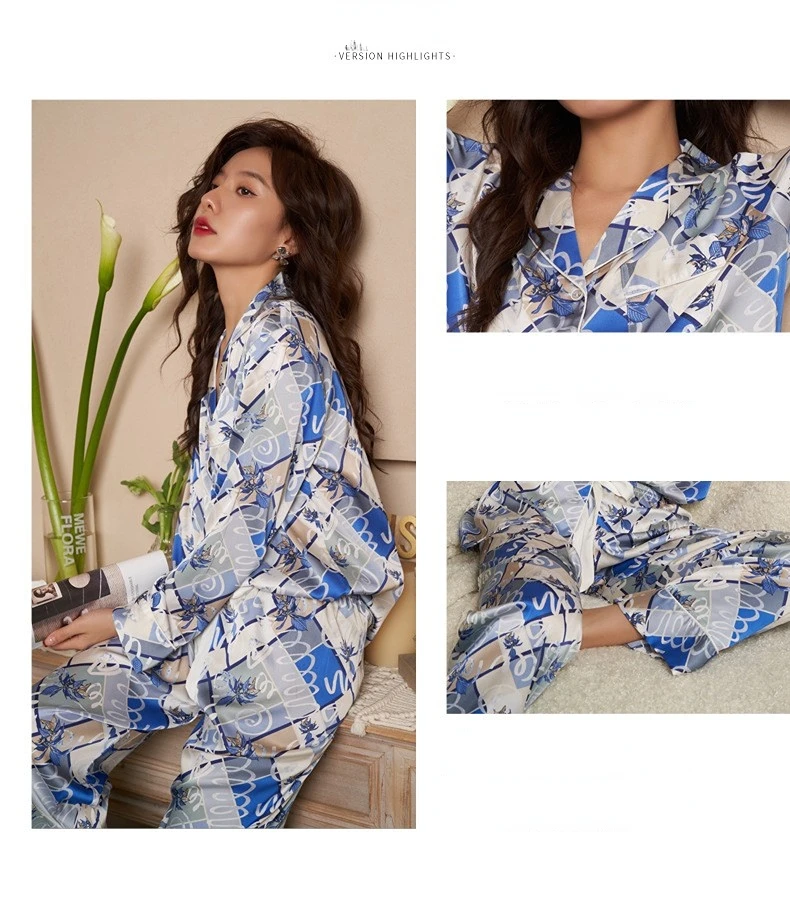 Women's 2 Piece Pajama Set Maple Leaves Print Pijama Suit Ice Silk Pyjama Female Sleepwear Long Sleeve Shirt Trouser Homewear