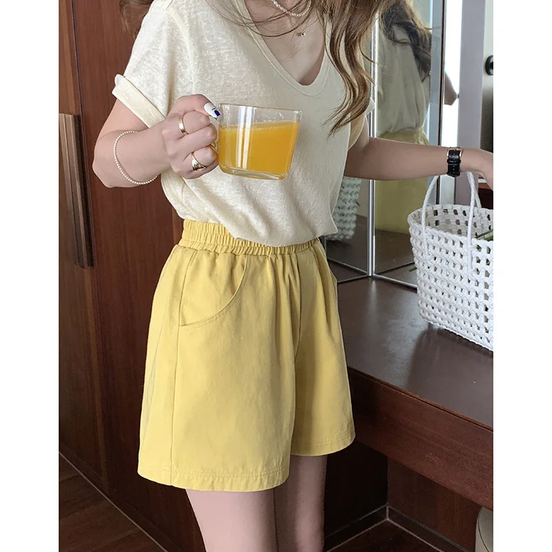 Summer Women Vintage Candy Elastic Waist Loose Shorts Casual Female Wide Leg Ladies Beach Short Pants Girl Outdoor Sports Shorts