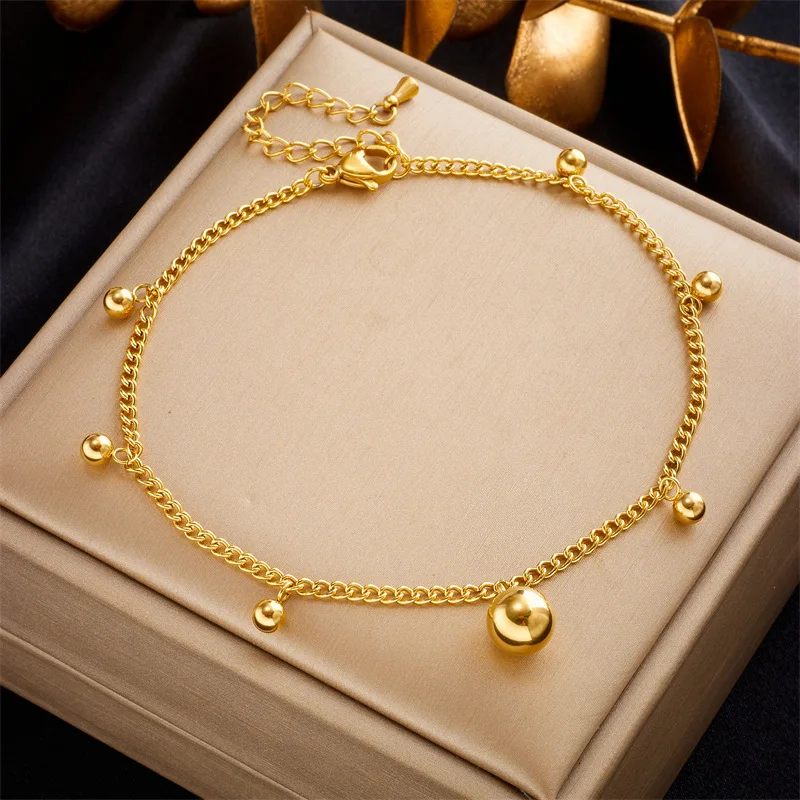 

316L Stainless Steel Gold Color Round Beads Charm Anklets For Women Girl New Trend Leg Chain Jewelry Gift Bijoux Dropshipping