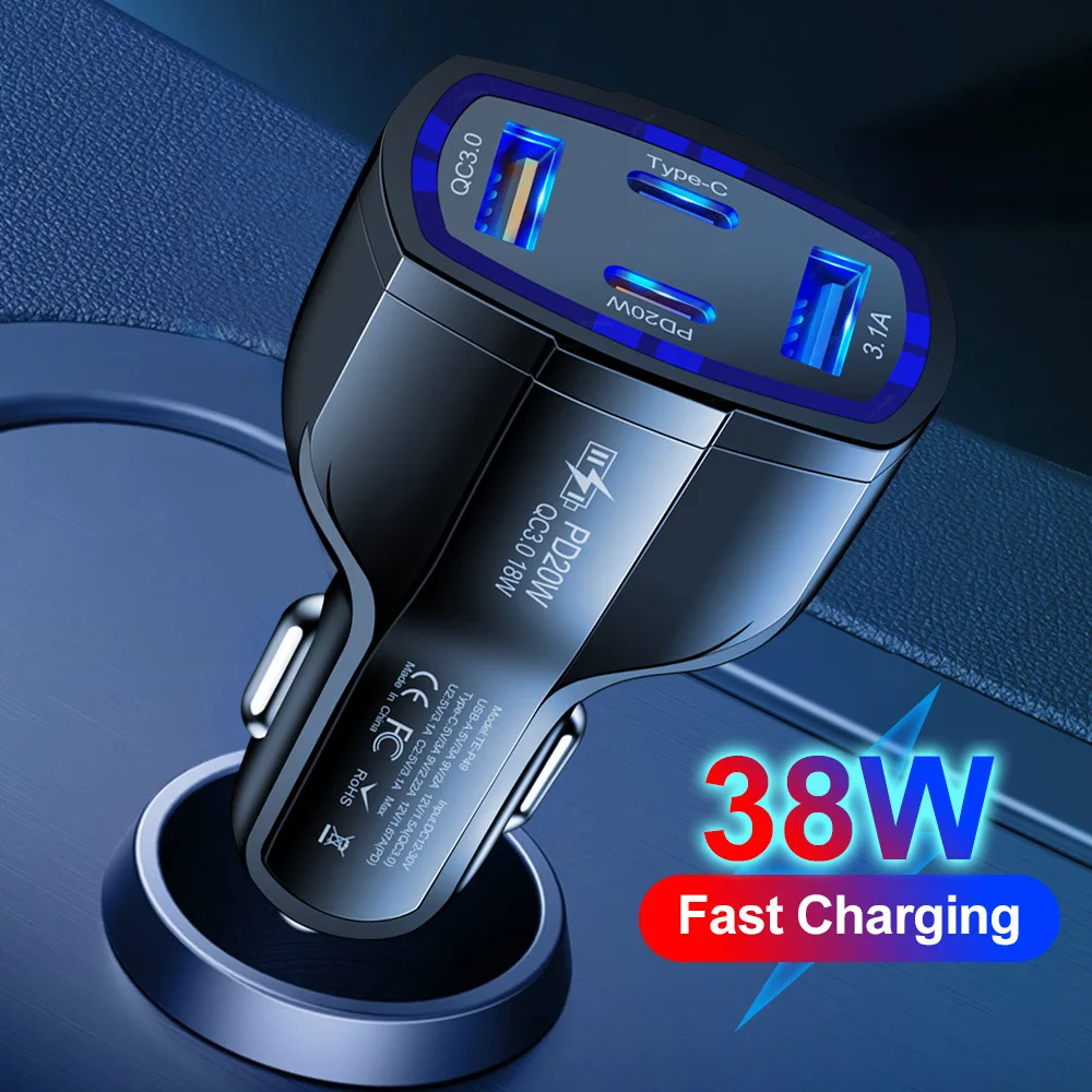 

38W Mobile Phone Car Charger 2USB+2PD Fast Charging 4-in-1 Car Cigarette Lighter 20W Pd