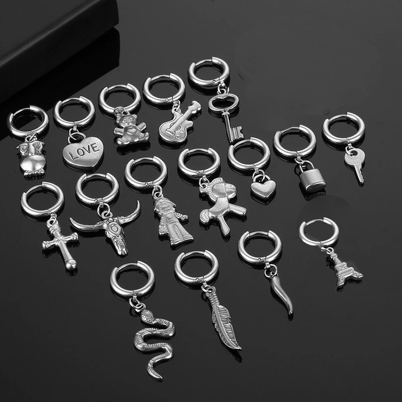 

Stainless Titanium Steel Piercing Couple Lover Heart Hoop Earrings For Women Unsex Snake Pepper Drop Earring Key Lock Brincos