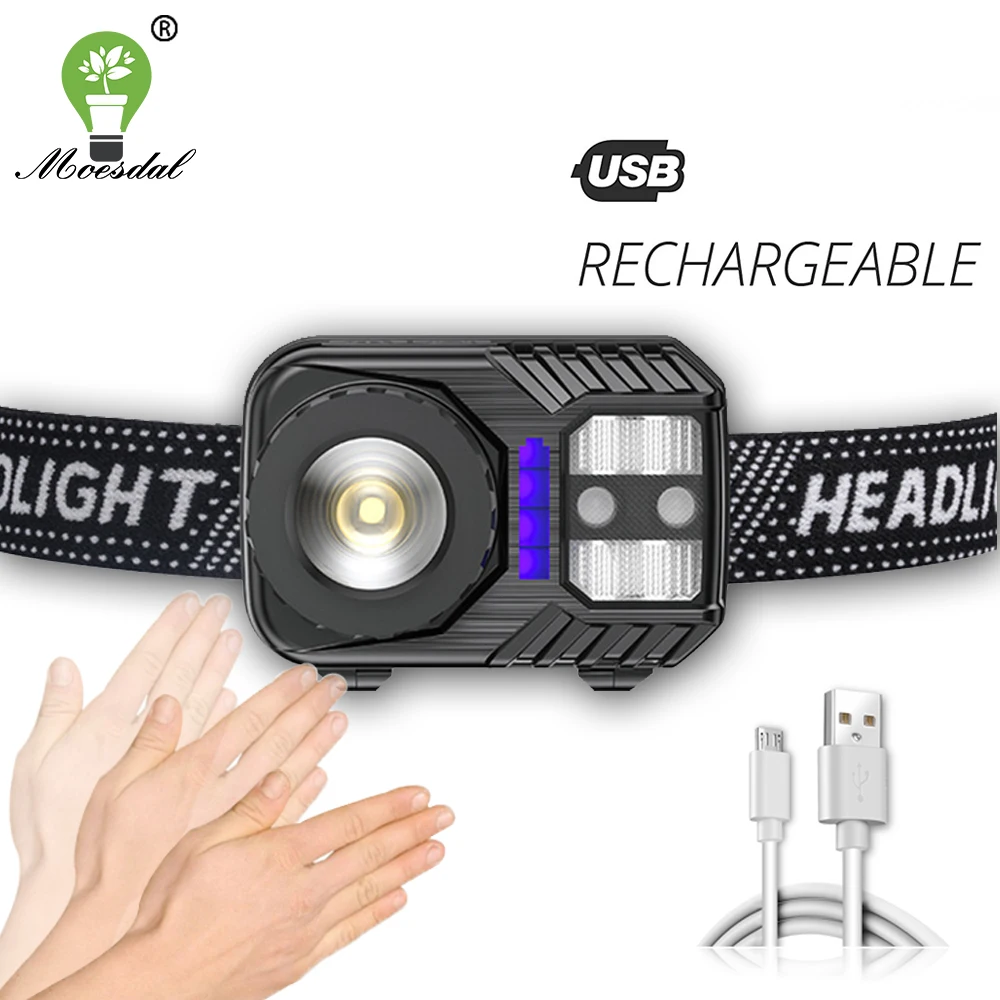 

USB Перезаряжаемый светодиодный налобный фонарь супер яркий налобный фонарь XPG + COB Высокая твердость ABS водонепроницаемый с 5 режимами перекл...