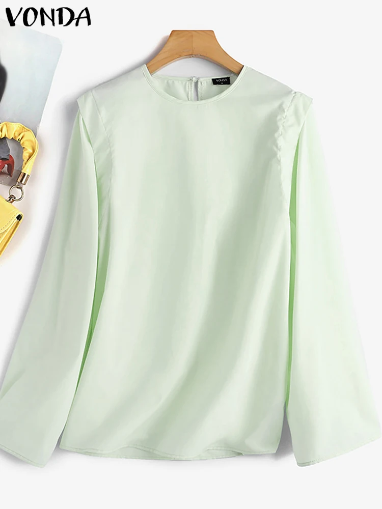 

Vintage Pleated Ruffled Blouse VONDA Women Retro Shirts Femininas Casual Round Neck Long Puff Sleeve Tops Oversized Blusas