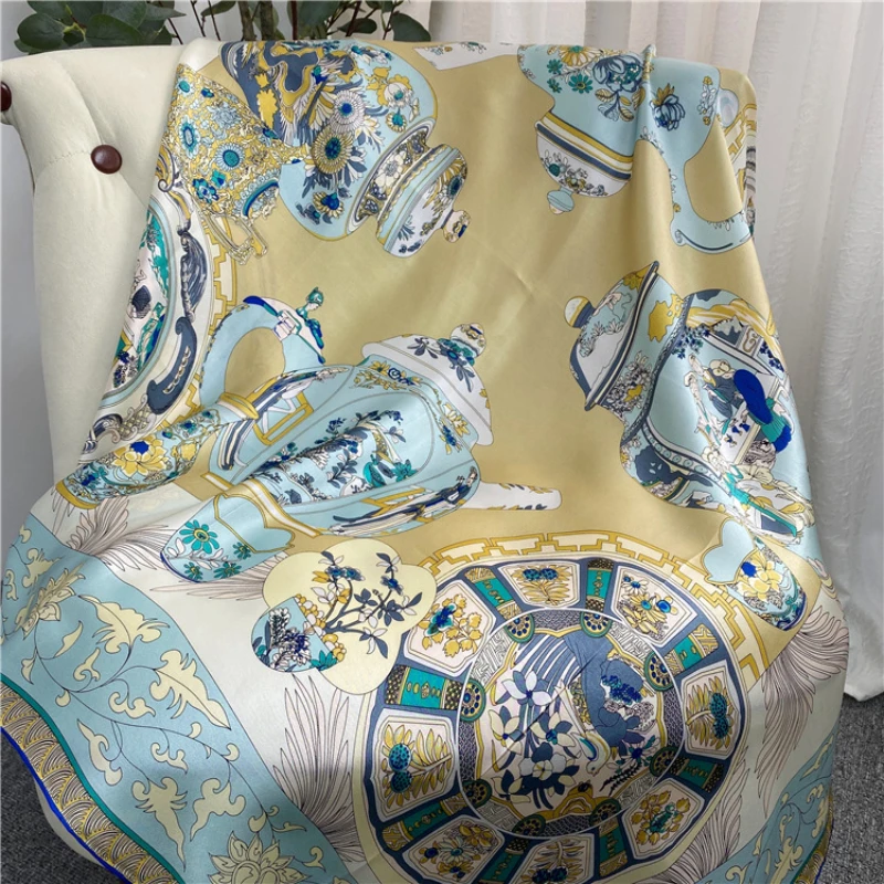 Online Designer Brand Women Square Silk Scarf 100% Pure Silk Head Scarf Satin Print Neckerchief Hair Wrap Female Foulard 110*110cm