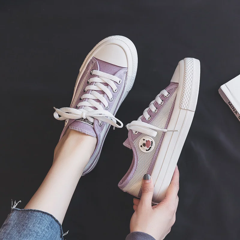 

Summer New Mesh Breathable White Shoes Women's Thick Soled Lace Casual Canvas Shoes Cute Cow Lavender Black Short Gumshoes