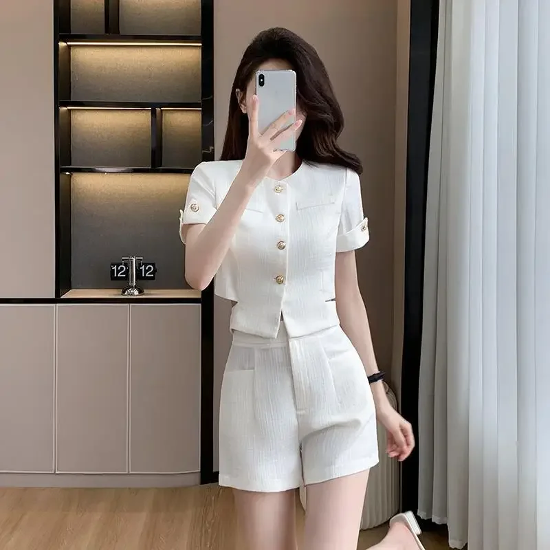 Элегантный твидовый костюм женский топ с короткими рукавами шорты комплект из 2