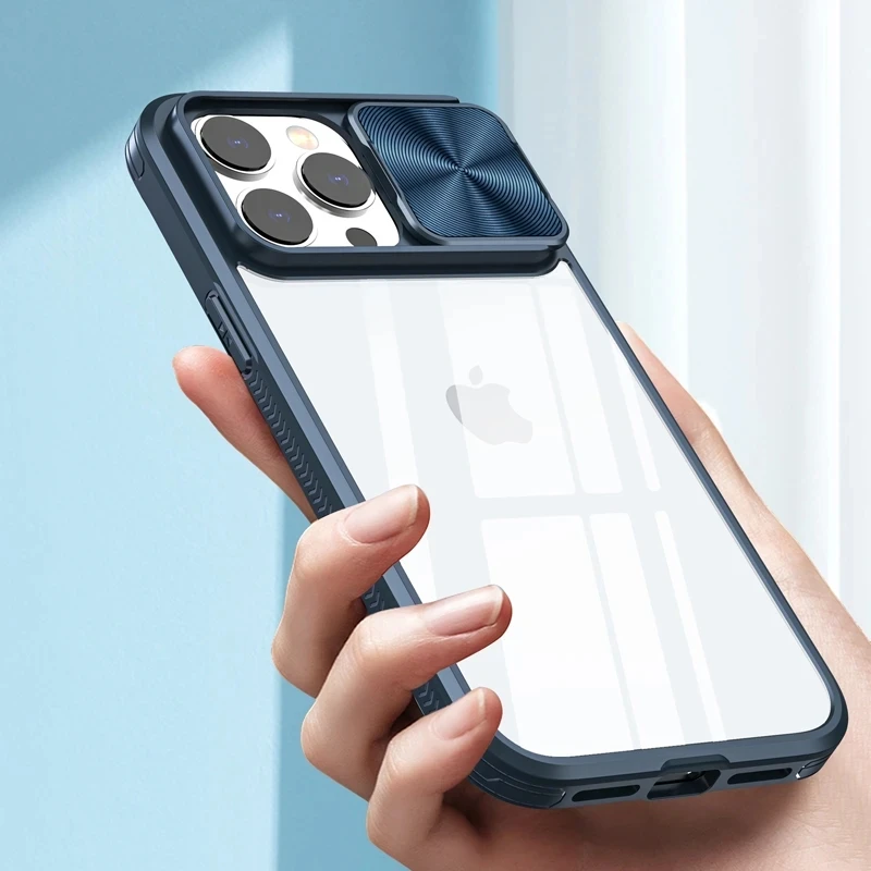 

Transparent Hard Case For iPhone 14 13 12 Pro Max XS X XR 8 Plus SE 2020 14Pro Shockproof Armor With Slide Camera Lens Cap Cover