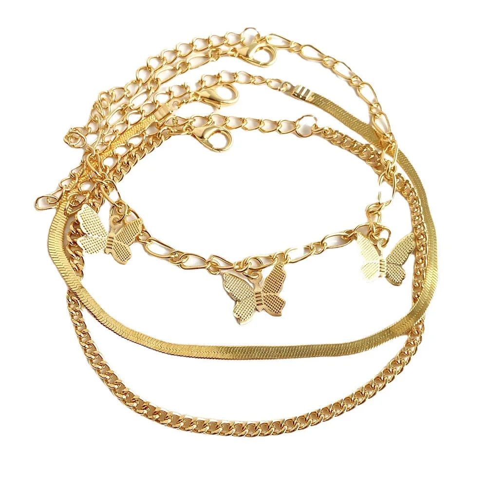 

Snake bone chain butterfly pendant anklet punk style personality alloy multi-layer anklet women