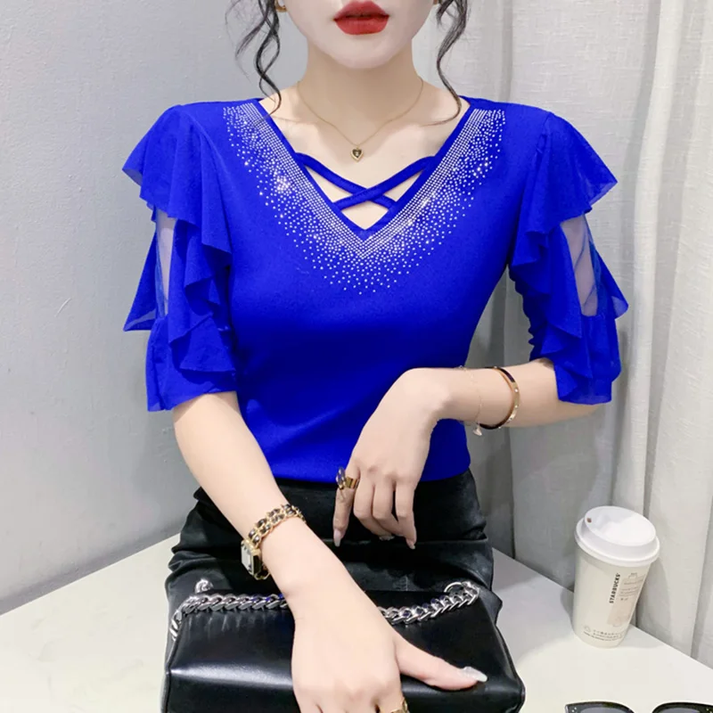

Женские блузки с оборками и V-образным вырезом с короткими рукавами, элегантная тонкая женская одежда High Street, горячее бурение, лето, новинка, 2023 г.