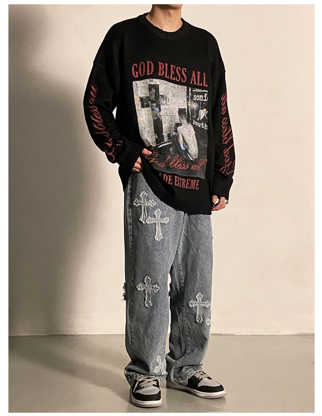 High Street Cross Patch Hip Hop Mens Jeans Trendy Brand Rascal Street Straight Tube Loose Wide Leg Long Denim Pants for Men