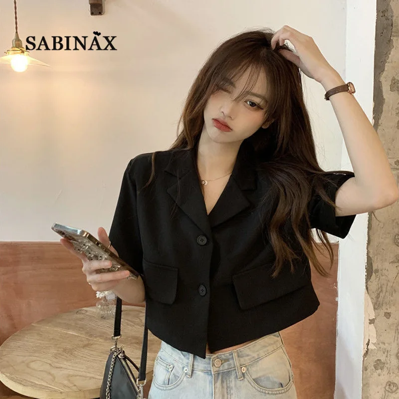 

SABINAX Women's Blazers Spring 2022 Summer Korean Drape Solid Short-sleeved Suit Short Jacket Black Coat Women's Clothing