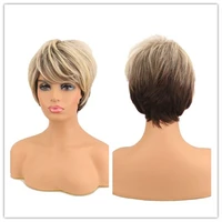 suq womens short blonde wig synthetic natural hair mixed brown black party pixie cut straight heat resistant wigs for women