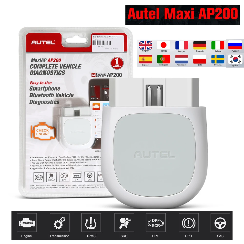 Autel AP200 Bluetooth OBD2 Scanner Code Reader With Full Systems Diagnoses AutoVIN Oil/EPB/BMS/SAS/TPMS/DPF Resets IMMO Service