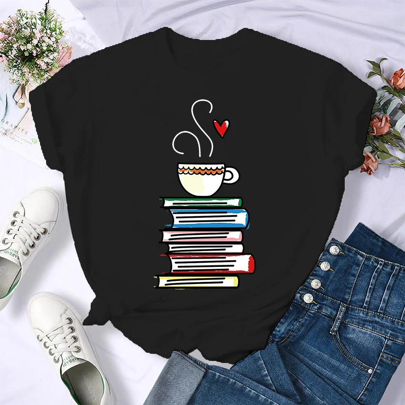 

90s Women Tshirt Fashion Coffee Books Tees shirt Female Short Sleeve Cartoon Clothes Print O-neck Graphic Tops Ladies T-Shirt