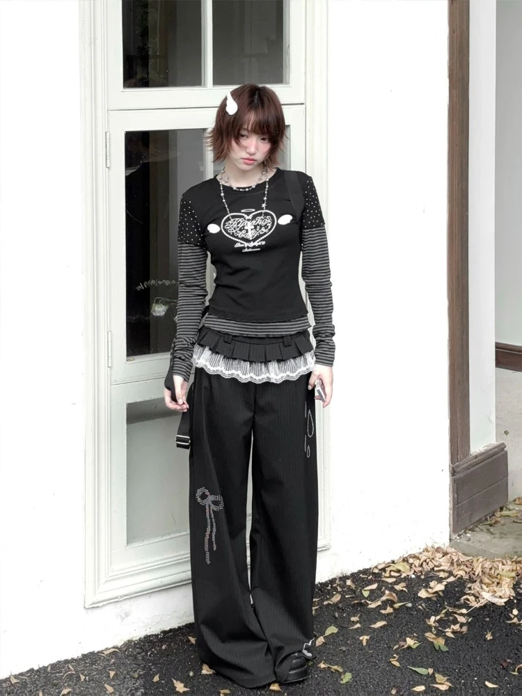 Фото HOUZHOU Y2k черные винтажные женские футболки с рисунком Harajuku милые полосатые футболки с длинными рукавами в горошек в японском стиле тонкие повседневные футболки №2