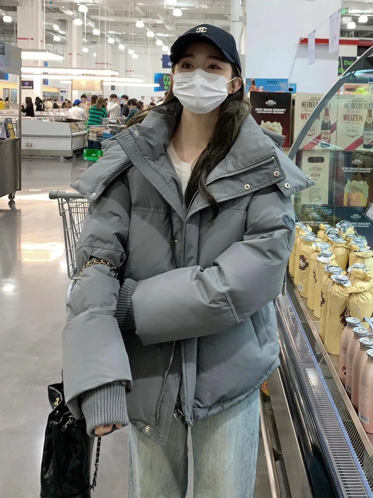 Корейская серия популярный серый пуховик с капюшоном одежда хлопковой