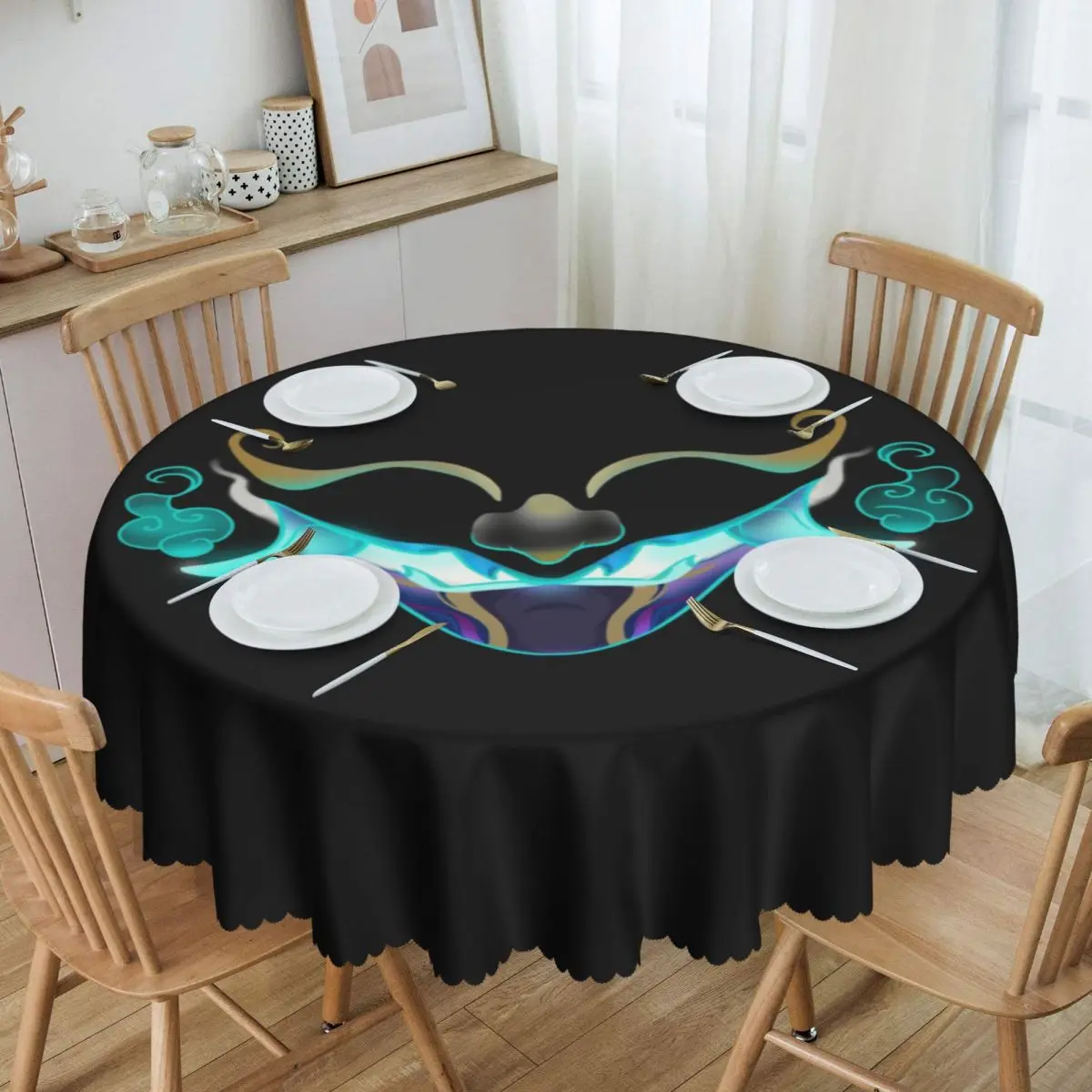 

Round Fitted Genshin Impact Xiao Cosplay Table Cloth Waterproof Tablecloth 60 inches Table Cover for Kitchen Dinning