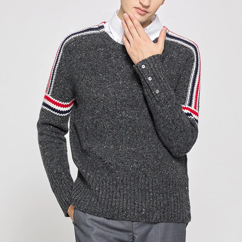 TB THOM Men's Casual Sweater High Quality  KNIT Striped Shoulder Sleeve Sweatshirt O-Neck Pullovers Men Clothing for Korean