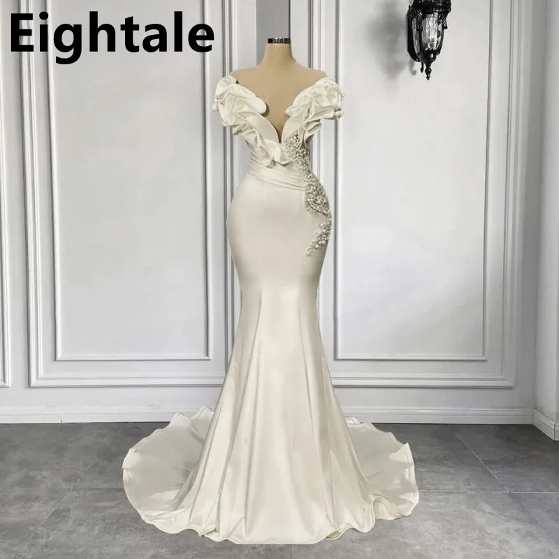 

Elegant Pearls Mermaid Evening Dress Ivory Ruffled V Neck Satin Formal Gown For Celebrity Party Dubai Arabic Prom Dresses 2022