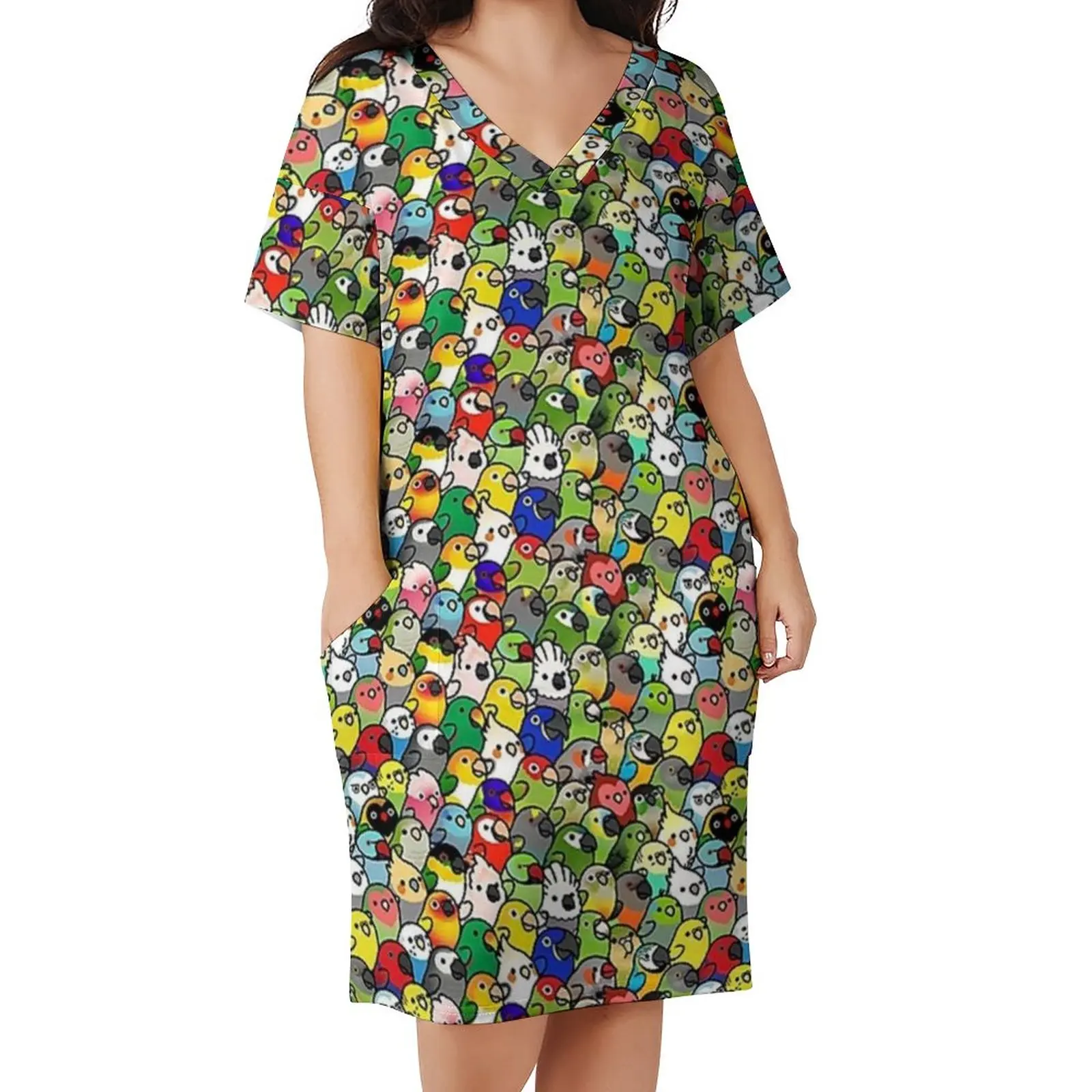 

Too Many Birds Dress V Neck Fun Cockatoo Pretty Dresses Women Korean Fashion Print Casual Dress With Pockets Plus Size 3XL 4XL