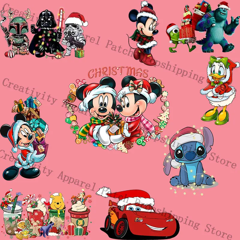 

Merry Christmas Disney Mickey Minnie Mouse Lilo & Stitch Iron-on Transfers for Clothing DIY T-shirt Hoodies Clothing Custom Gift