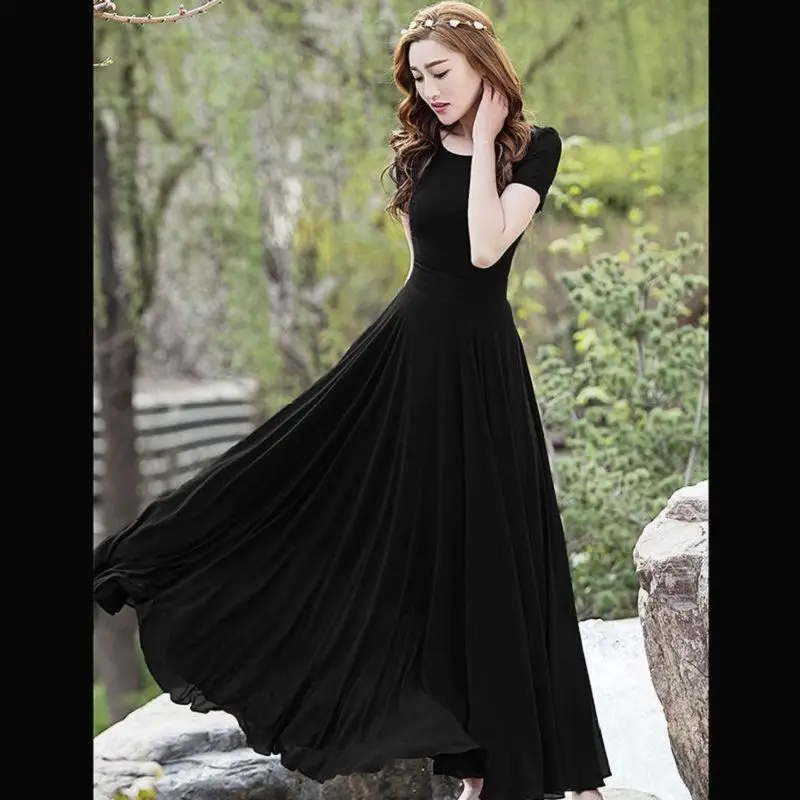 

Dress women's 2020 new chiffon beach skirt big swing skirt black